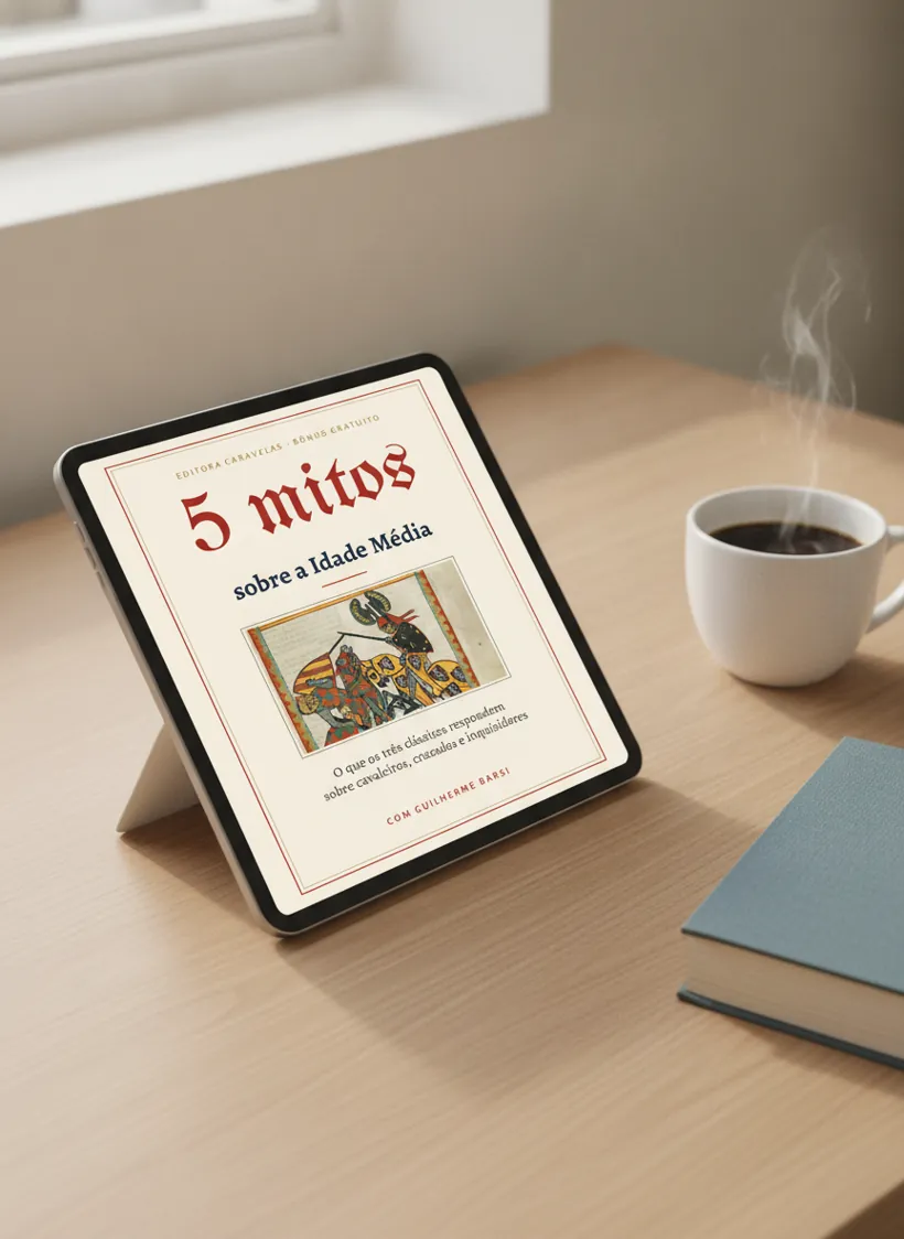 O ebook 5 mitos sobre a Idade Média aberto num tablet
