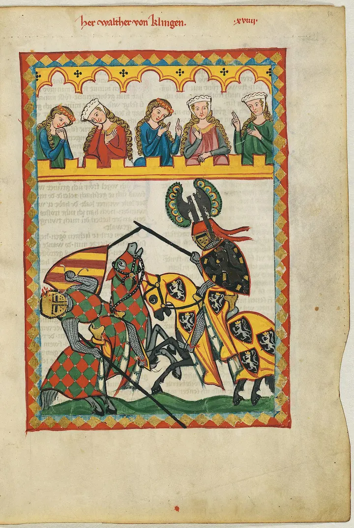 Iluminura do Codex Manesse: justa entre dois cavaleiros, com damas assistindo do alto